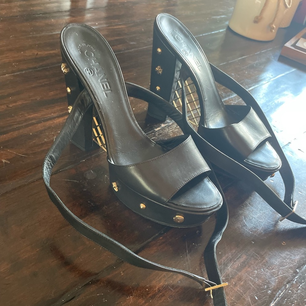 CHANEL Black Leather Embellished Platform Block Heel Sandals